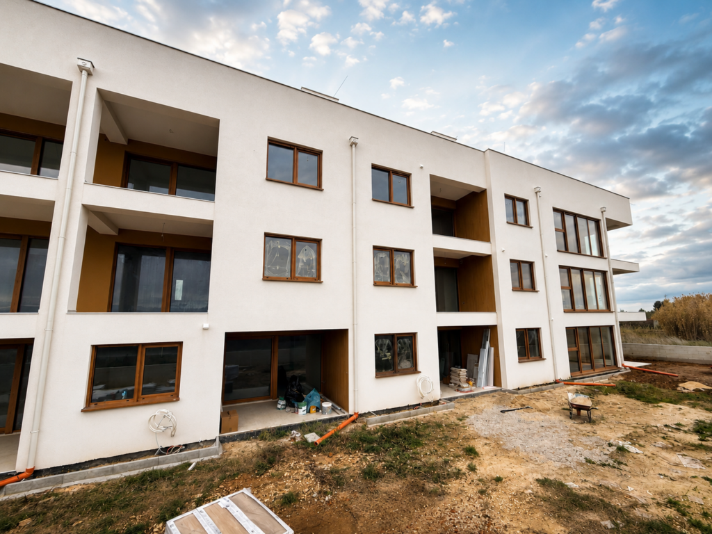 fachada contemporánea con acristalamiento térmico Ug-0.6 y montaje europeo