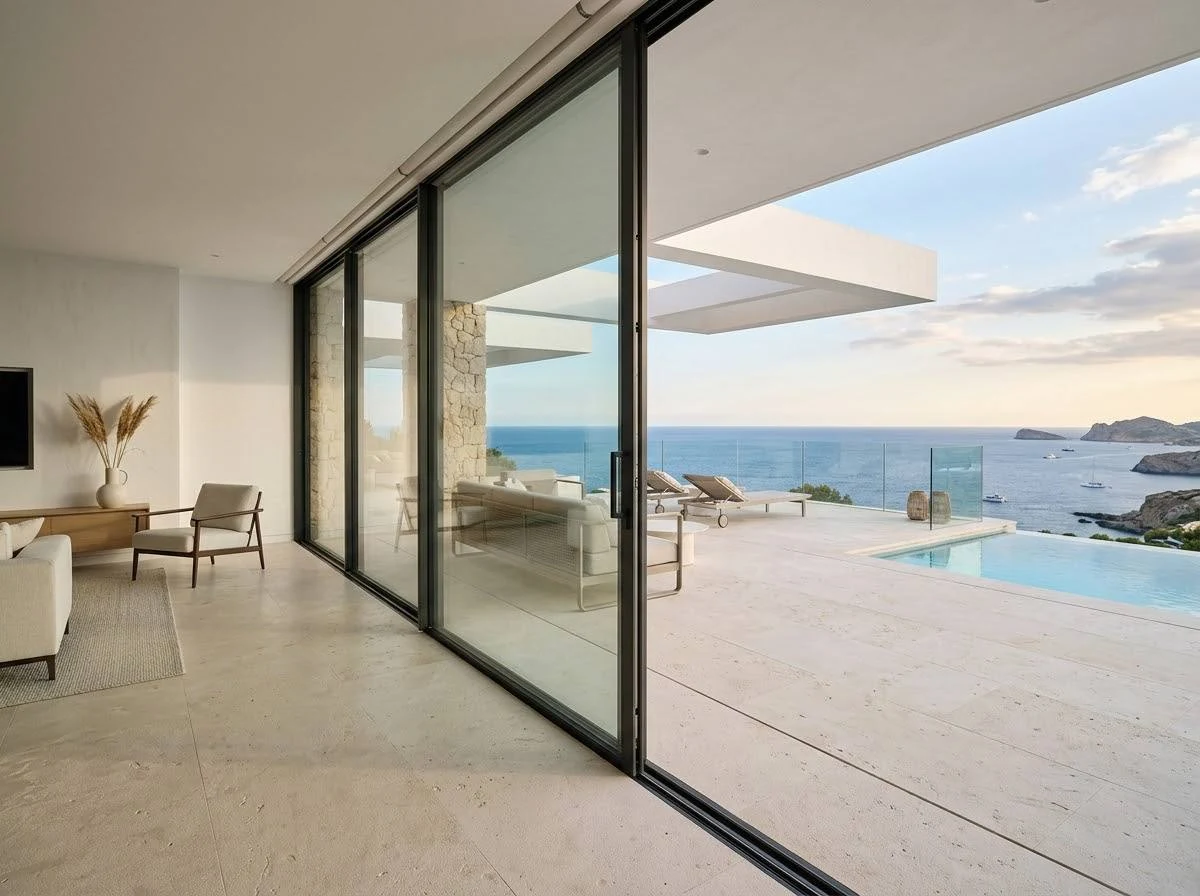 Großformatige Schiebetür mit dunklen Profilen, geöffnet zu einer Terrasse mit Pool und Meerblick unter einem weiten Dachüberstand