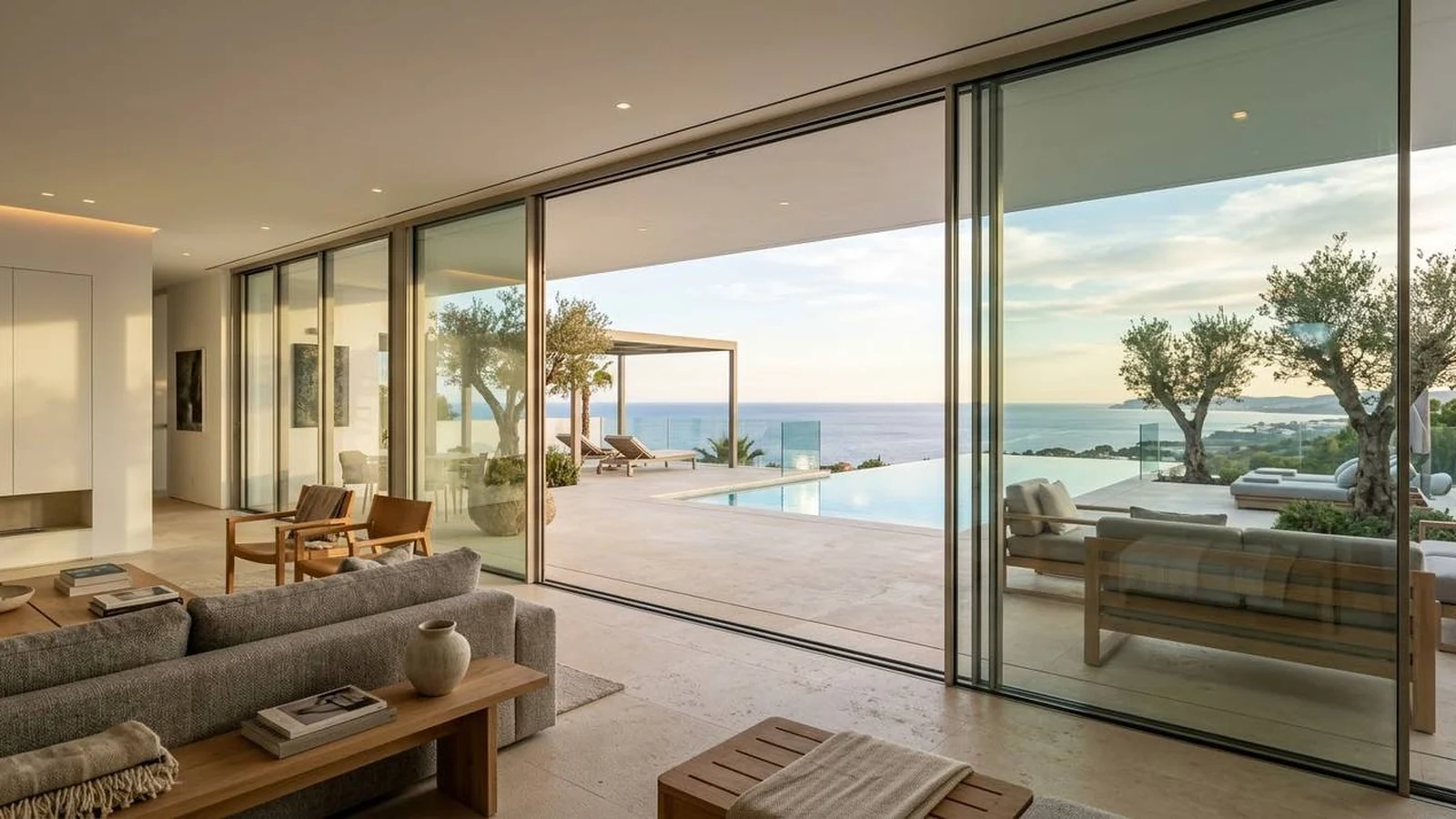 Große Panorama-Schiebetüren öffnen sich zur Terrasse einer Villa an der Costa del Sol
